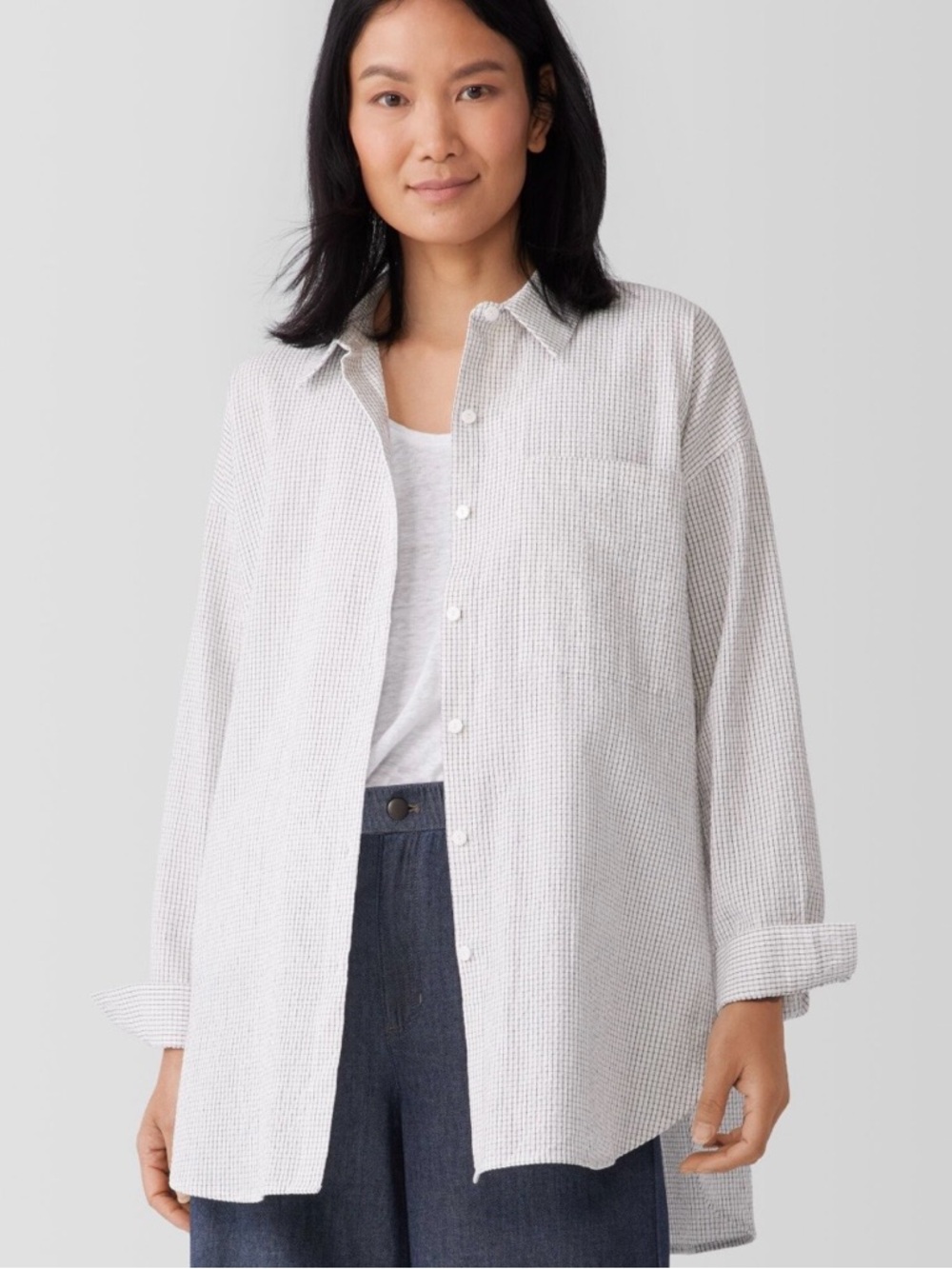 Eileen Fisher Organic Cotton Pinstripe Button Blouse.